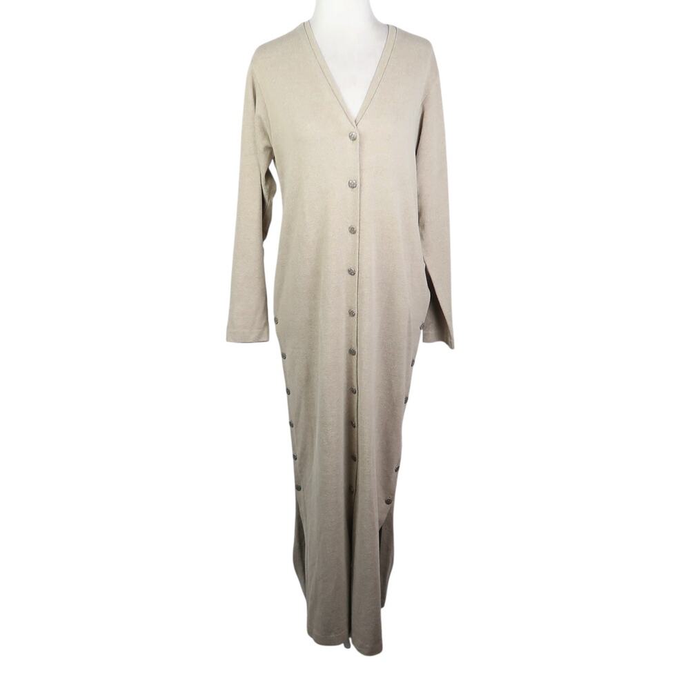 Vintage 90s Cynthia Rowley Taupe Cotton Maxi Cardigan Sweater Dress Duster 10